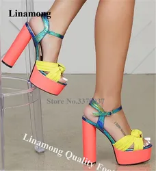 Lianmong Charming Mixed-colors High Platform Bowtie Chunky Heel Sandals Patchwork Buckle Thick High Heel Sandals Dress Shoes