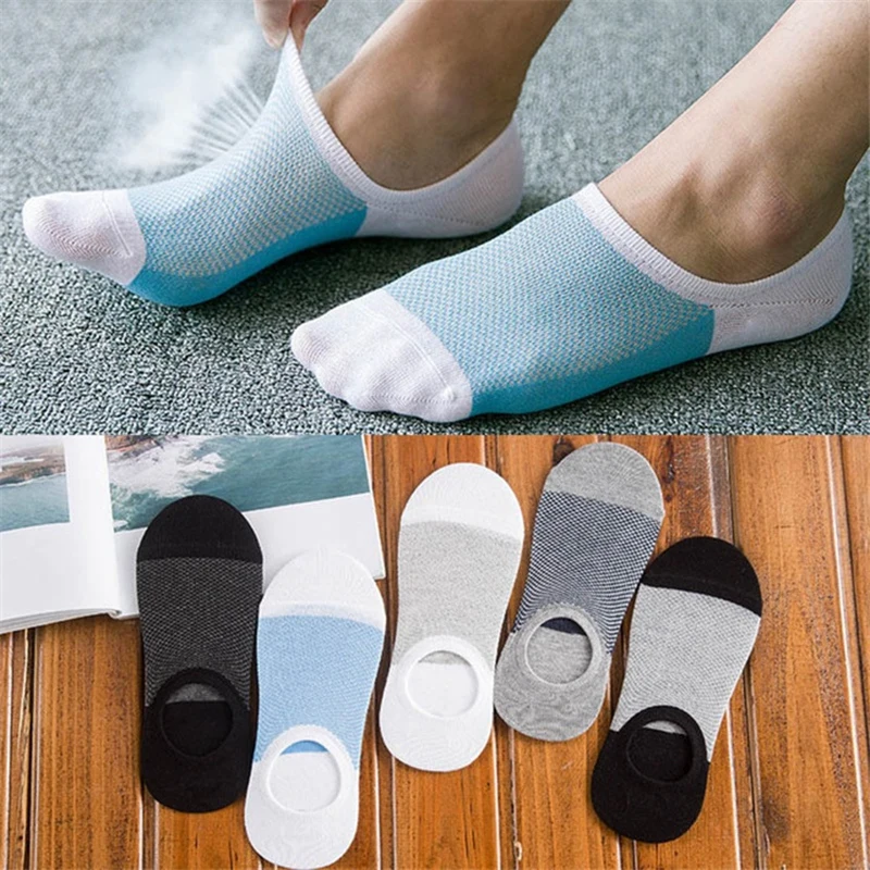 Calcetines tobilleros de silicona antideslizantes para hombre, medias invisibles de compresión, transpirables, 5 pares