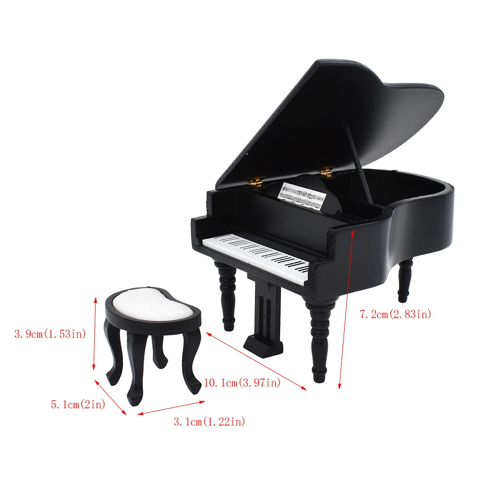 1:12 Dollhouse Miniature Furniture Grand Piano And Stool Music Instrument Wood 2 Colors Available White And Black