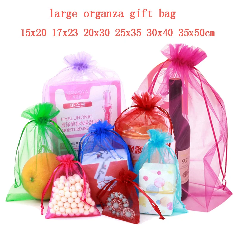 10Pcs/ lot large Organza bags 15x20 17x23 20x30 25x35cm High Quality Jewelry Bag with Wedding Gift Drawable Bags 7Z