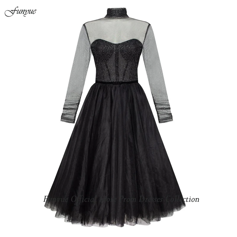 Vestidos para baile de graduación ilusión, Vestidos negros de manga larga de tul, escote de corazón, Fiesta de bienvenida, noche, graduación