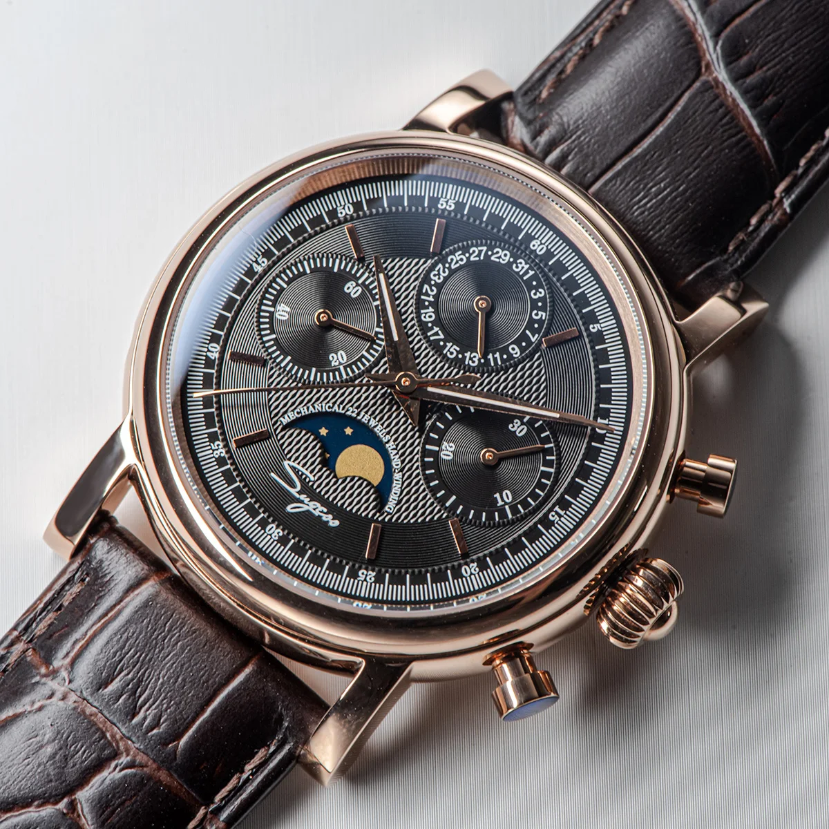 Sugess Pilot Chronograph Mechanical Watches Men Waterproof Original ST1908 Movement Moon Phase Calendar Wristwatch Swanneck 2022