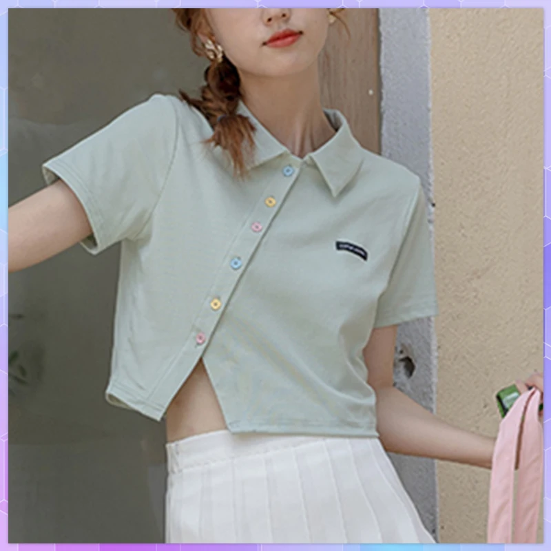 Crop Top Female Polo Shirts Summer Short Sleeve T-Shirt Women's Vintage Clothes Solid Slim Top Cropped Tees High Waist Tops