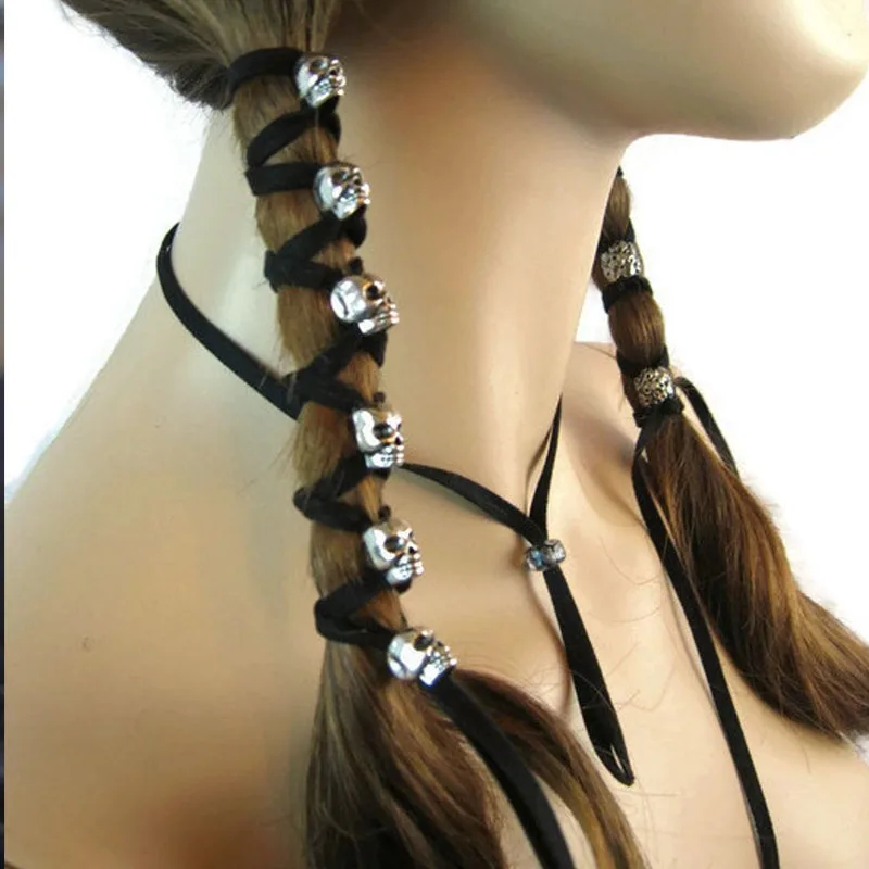 Skull Hair Jewelry Black Leather Hair Ties Ponytail Holder Biker Goth Punk Horror Wrap Extensions