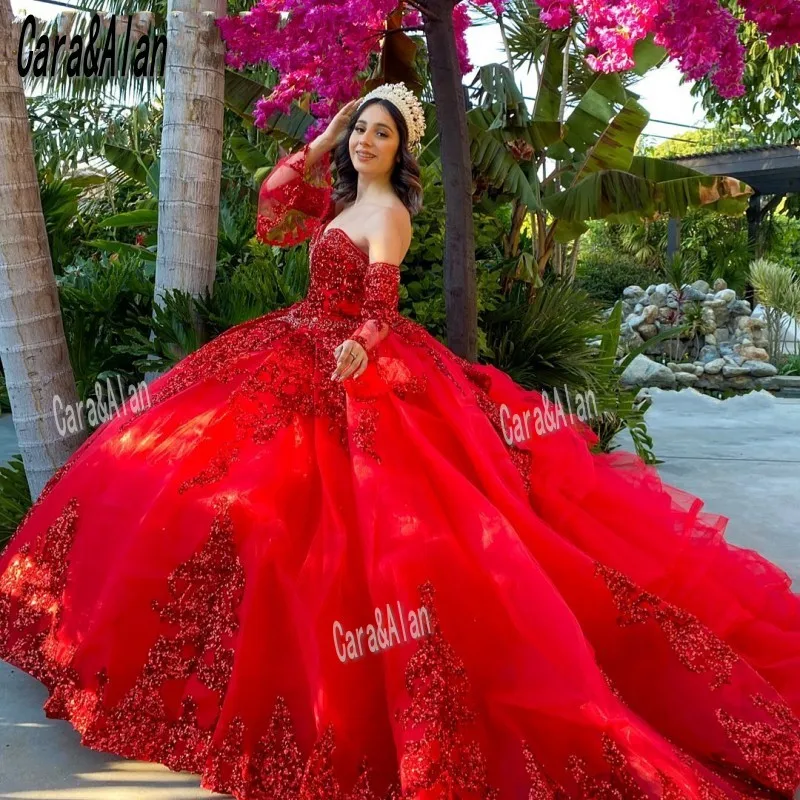 Vestido de quinceañera con mangas extraíbles, apliques de lentejuelas, vestido de graduación largo, dulce 16, rojo oscuro, mexicano, 15 años