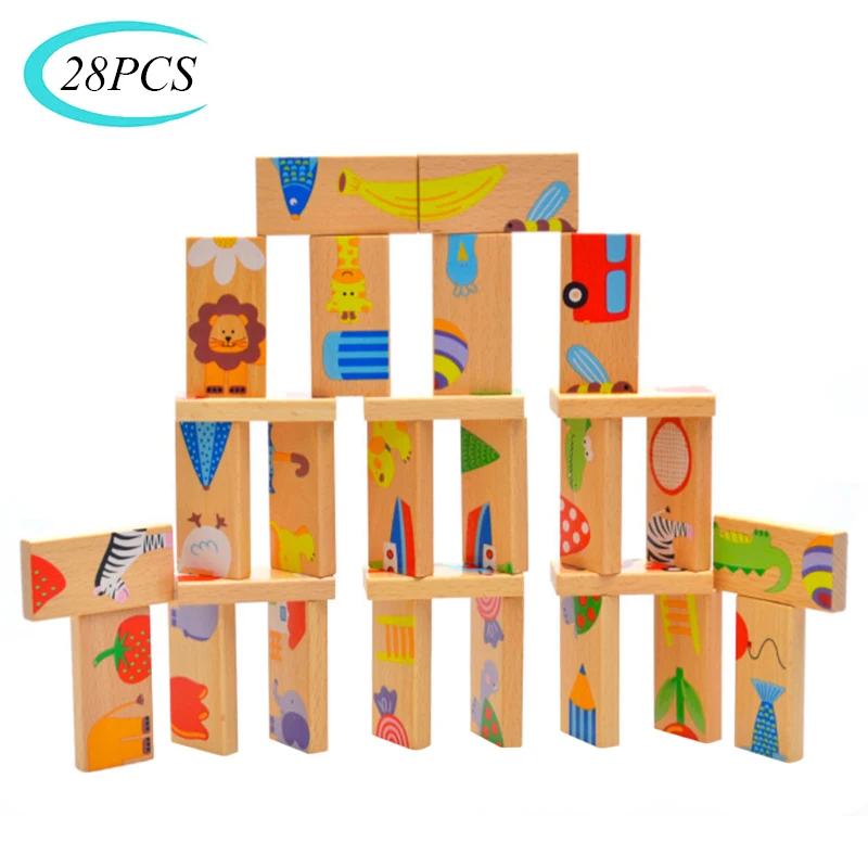 28PCS Wooden Domino Toys Early Learning Wooden Animal Domino Toys Set Shape Sorting Order Learning Educational Toys For Children