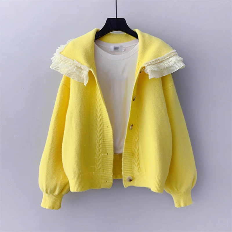 spring Knitwear Female Cardigan Lace Turn Down Collar Sweater jacket Loose Elegant Ladys Cardigan outwear