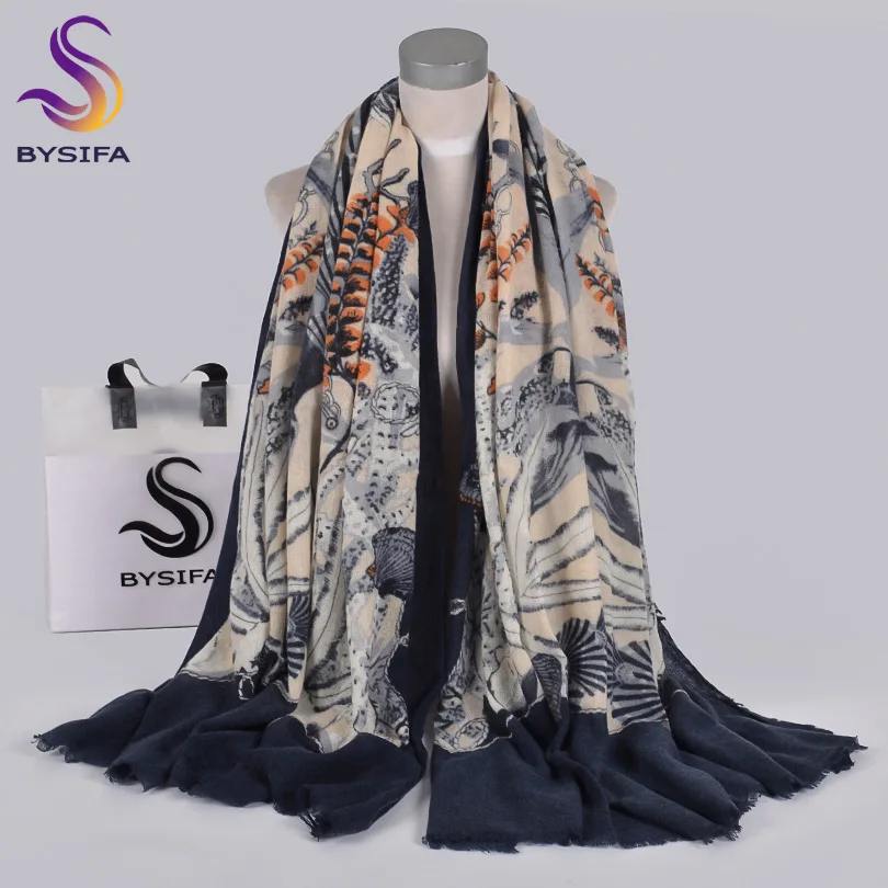 [BYSIFA] Winter Long Scarves Shawls Women 100% Wool Cashmere Scarves Pashmina Top Grade Luxury Brand Ladies Neck Scarf 210*100cm