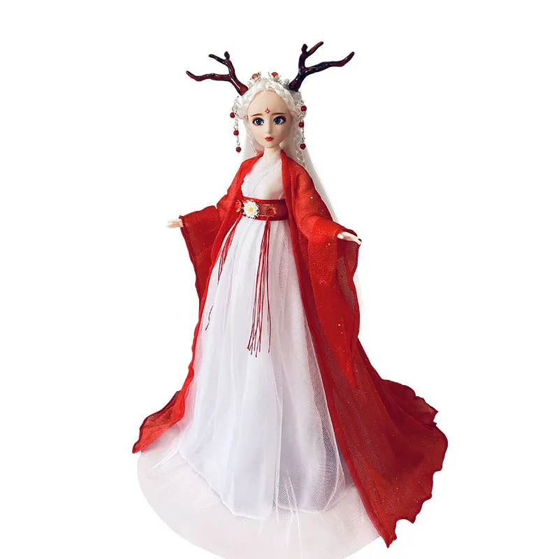 1/6 Scale 30cm Ancient Costume Long Hair Fairy Hanfu Dress Antlers Princess Barbi Doll Double Joints Body Model Toys Girl Gift