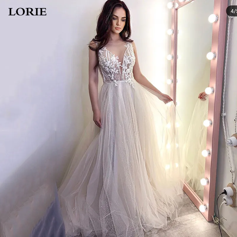 LORIE-vestido de Novia de encaje de princesa, línea A, tul brillante, Sexy, Espalda descubierta, talla grande, 2020