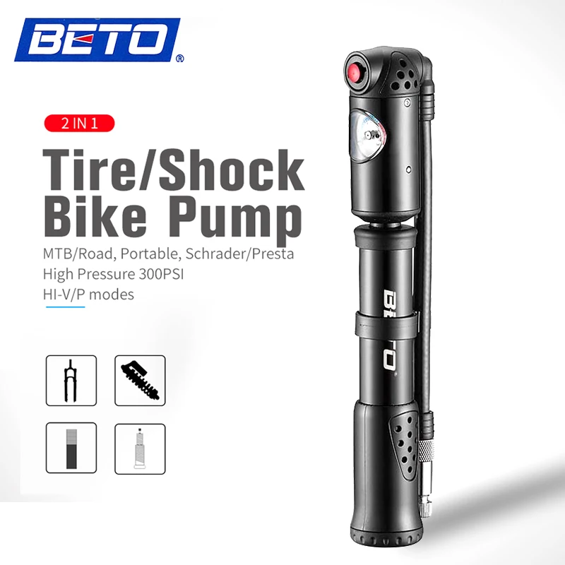 Taiwan BETO MP-036N Fork Tire Shock Bicycle Pump Bike Mini Pumps Air Inflator 300psi Gauge Compatible Schrader Presta