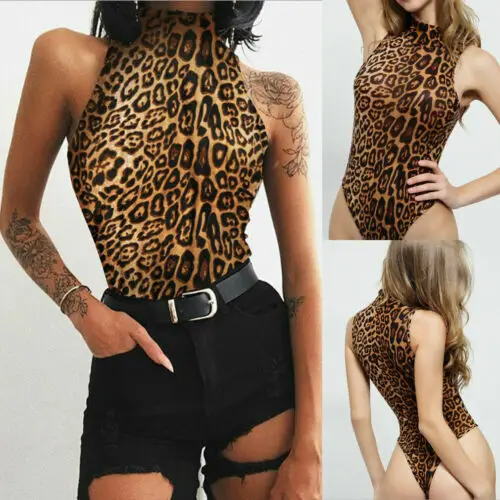 Hirigin Ladies Turtleneck Leopard Leotard Bodycon Jumpsuit Romper Clubwear Playsuit Tops