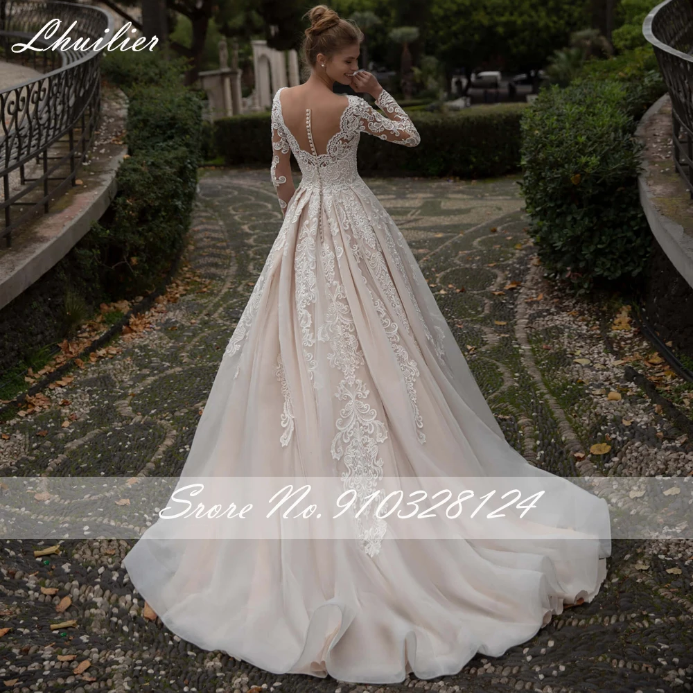 Lhuilier-vestido de novia de manga larga, prenda con Apliques de encaje, línea A, cuello transparente, cuentas de lujo, longitud hasta el suelo, cola de barrido