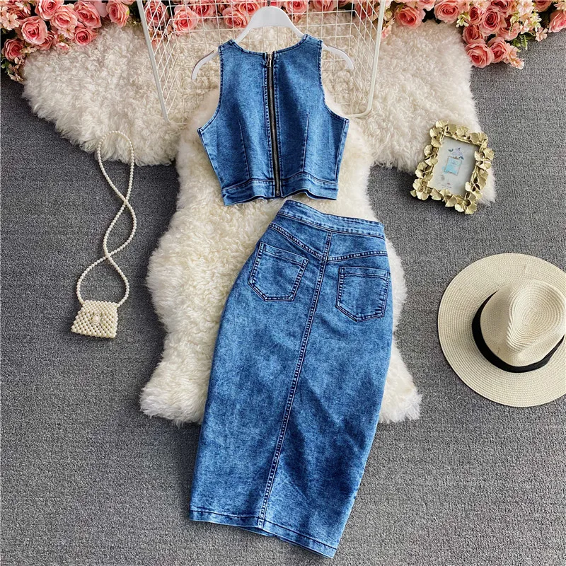 Amolapha Women Sleeveless Straps Denim Vest  Tops+Irregular Split Skirts Sets Female Jeans Costume Outfits