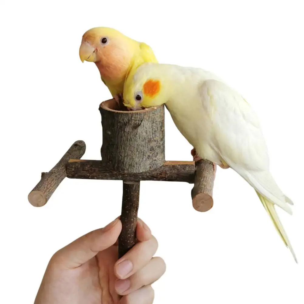 Pet Parrot Bird Standing Stick Wooden Bowl Stand Bird Cockatiel Parakeet Perches Bite Claw Grinding Toy Bird Cage Accessories