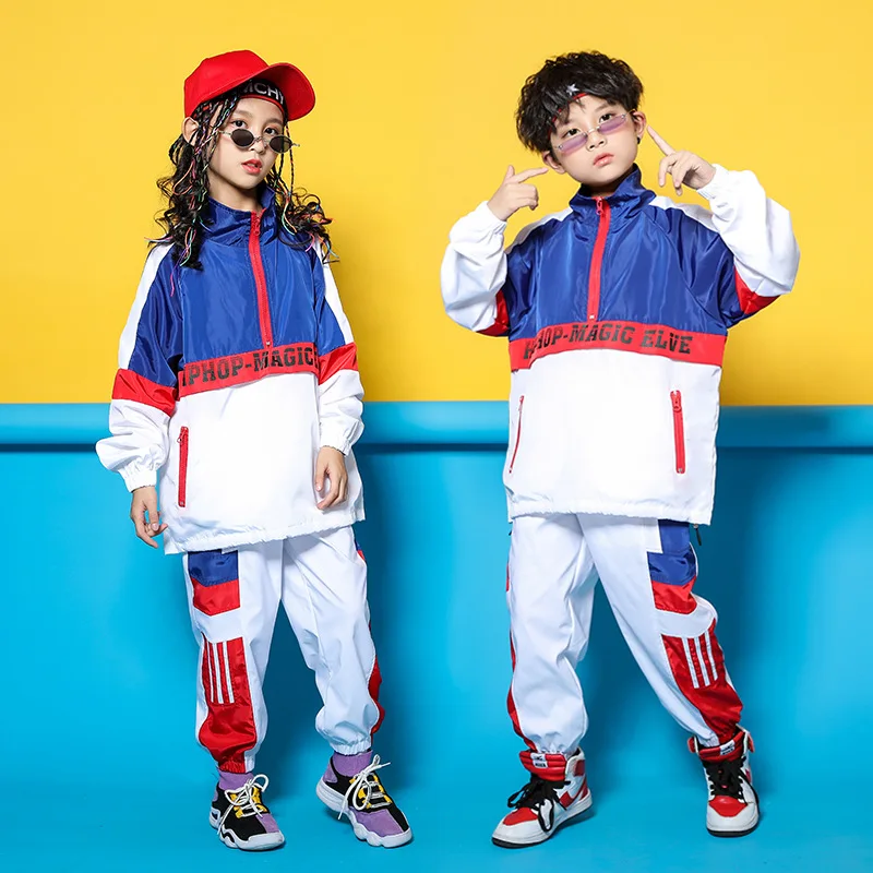 Kid Blue White Jacket Jogger Pants Hip Hop Clothing Clothes Jazz Dance Costume for Girls Boys Ballroom Dancing Streetwear