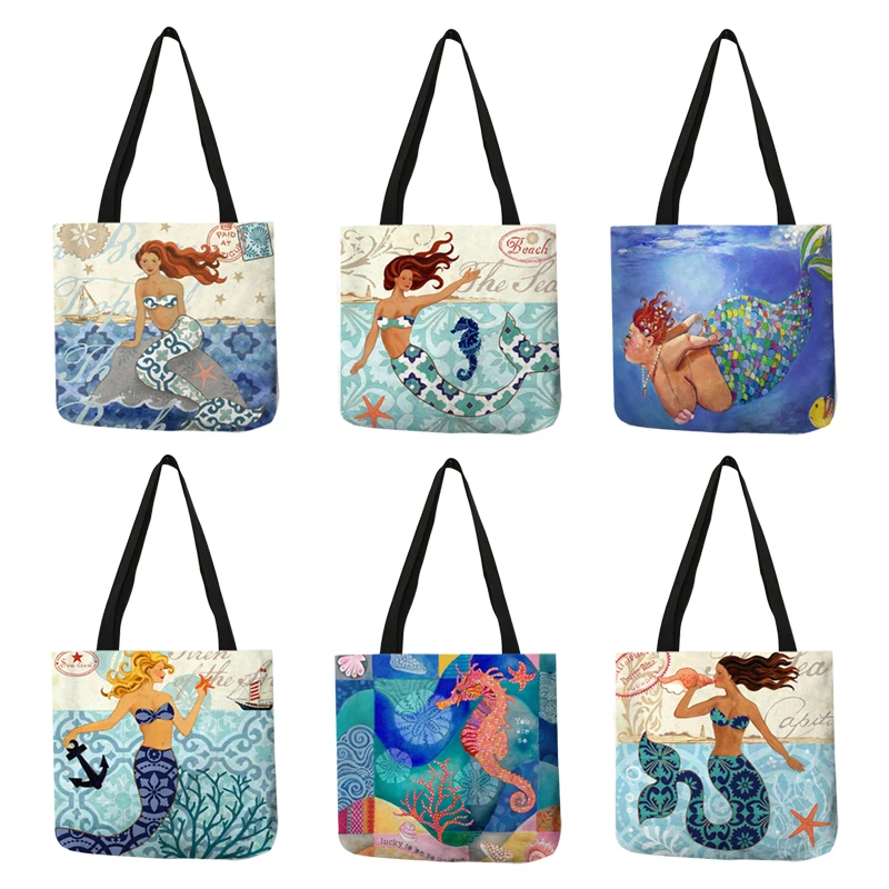 Excellent Design Tote Bag Beautiful Mermaid Ocean Animals Handbags Reusable Portable Bags Traveling Shopping Sac De Courses