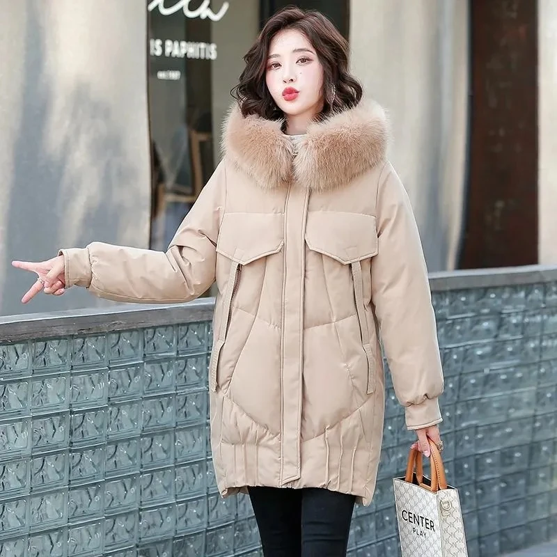 

Korean Fashion Women Quilted Coat Winter Thick Warm Down Cotton Parkas Oversized Big Fur Collar Hooded Mid-Length Padded Jacket