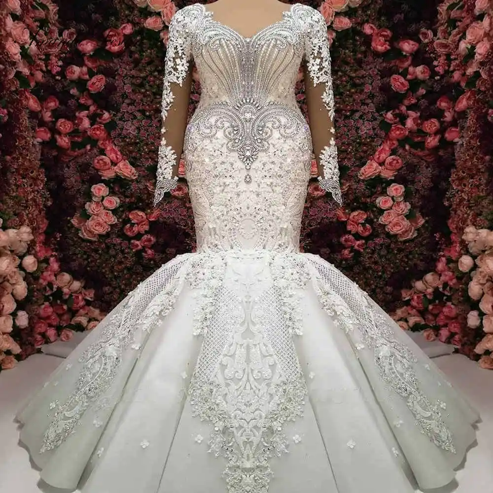 Customized African Plus Size Mermaid Crystals Wedding Dresses Long Sleeves Lace Appliques Beaded Bridal Gown