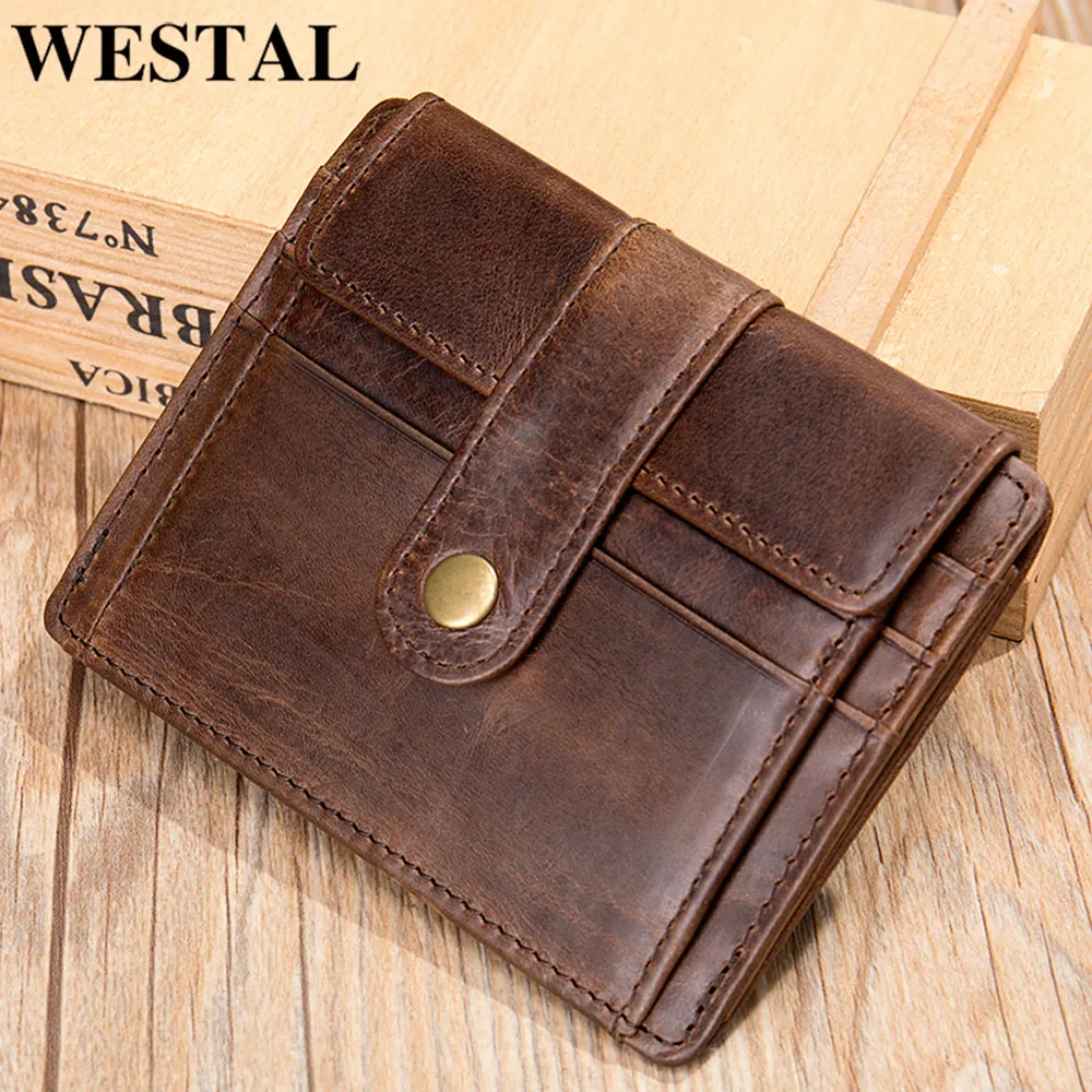 WESTAL Portmonetka męska skórzana na portfele na monety Vintage etui na karty kredytowe Hasp wizytówki dla mężczyzn portfele na zdjęcia portmonetki na monety