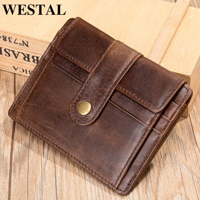 WESTAL Portmonetka męska skórzana na portfele na monety Vintage etui na karty kredytowe Hasp wizytówki dla mężczyzn portfele na zdjęcia portmonetki na monety