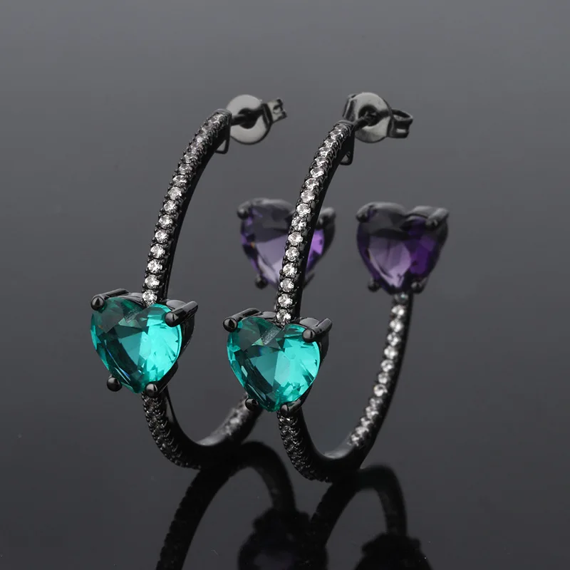 Orecchini a cerchio in pietra a cuore multicolore ffgemstone per donna ragazza regalo orecchini a cerchio grande commercio all'ingrosso placcato in oro nero