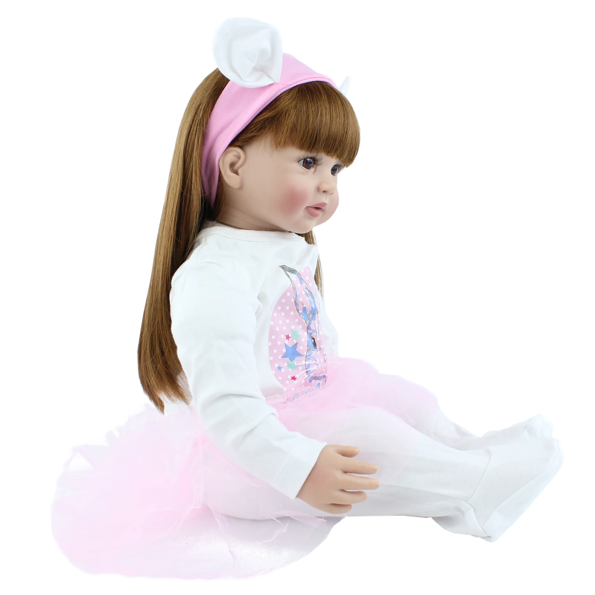 60cm Soft Silicone Reborn Toddler Baby Girl Doll Toys Lifelike Vinyl Long Hair Princess Alive Bebe Dress Up Doll With Rabbit