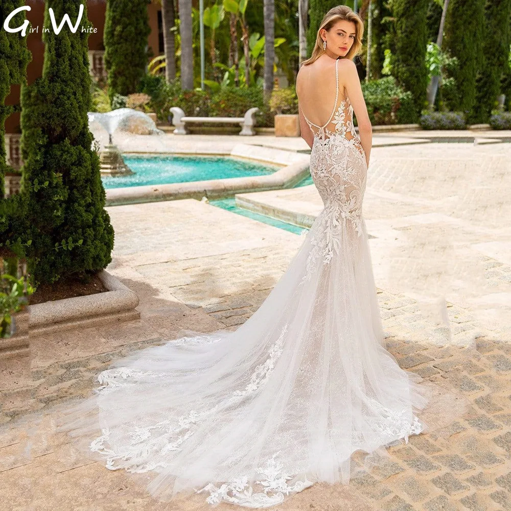 Vestido De Novia De sirena De encaje con tirantes finos, vestido De Novia con Espalda descubierta, vestido De Novia con apliques