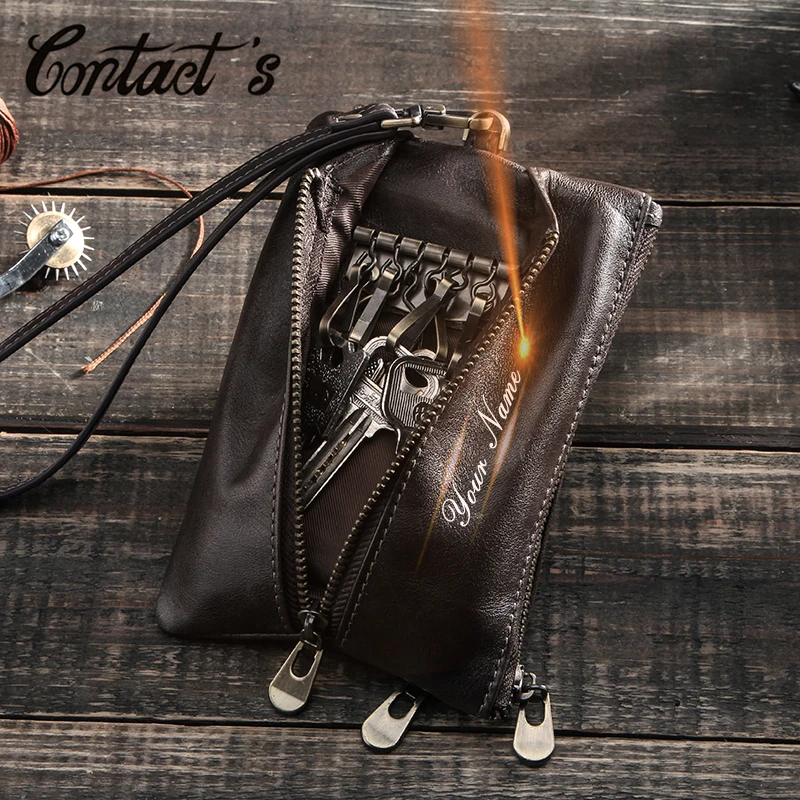 

Contact's Genuine Leather Men Key Wallet Strap Coin Purse Zipper Key Holder ID Card Pocket Multi-function Car Key Chain Unisex