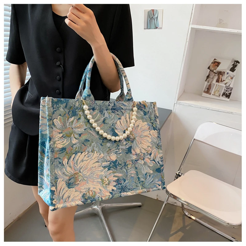 Unusual Design Denim Handbags for Women 2021Autumn New Luxury Woman Canvas Tote Bag Pearl Bead Decorated Diagonal Crossbag Femme