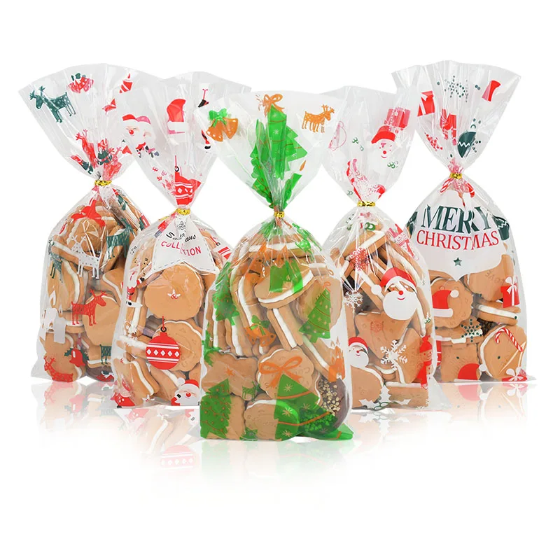 50Pcs Christmas Gift Bag Transparent Plastic Bags For Xmas Home Presents Candies Cookies Store Sale Gift Cookies Wrapping Bags