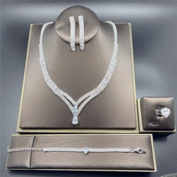 Fashion Crystal Bridal Jewelry Sets Silver Color Geometric Choker Necklace Earrings Bracelet Ring Four-piece Wedding Jewelry Set