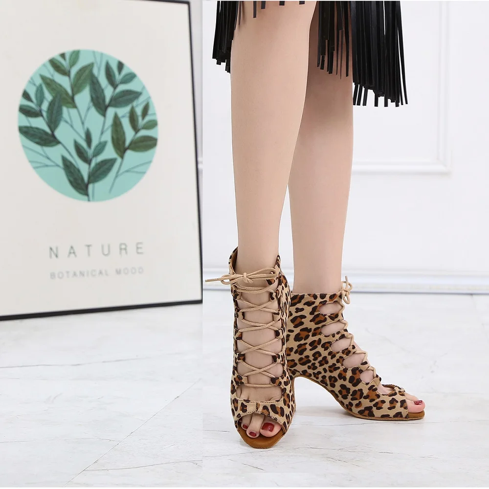 Social Ballroom Dance Boots Lady`s Latin Salsa Tango Professional Dancing Shoes comfortable Leopard Suede Sandals S019