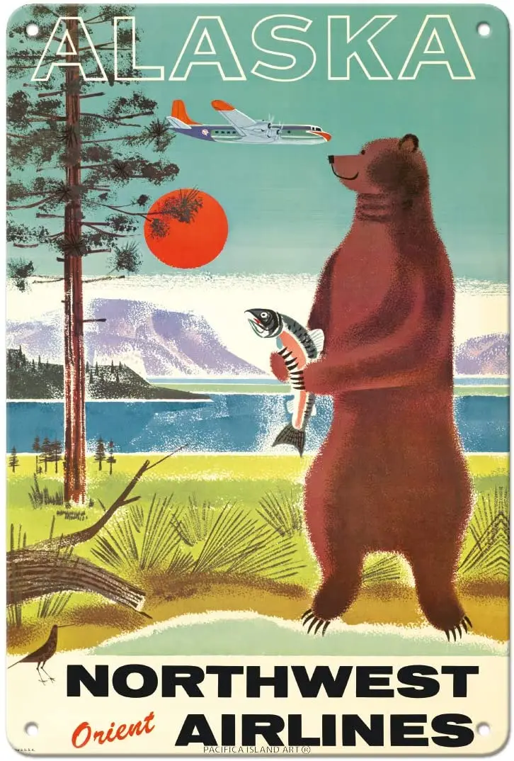 Pacifica Island Art Alaska - Northwest Orient Airlines - Kodiak Alaskan Brown Grizzly Bear - Vintage Airline Travel Poster c.