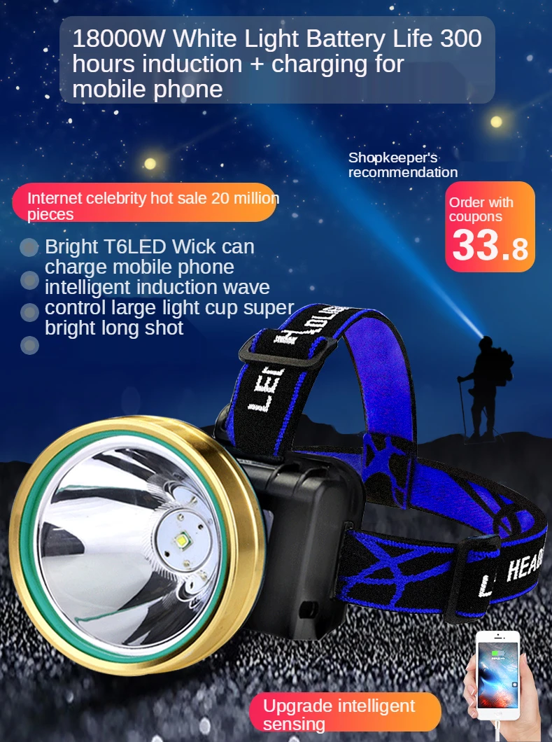 Headlight Strong Light Charging Super Bright Induction Miner's Lamp  Night Fishing Head-Mounted Waterproof  Led Hernia Outdoor