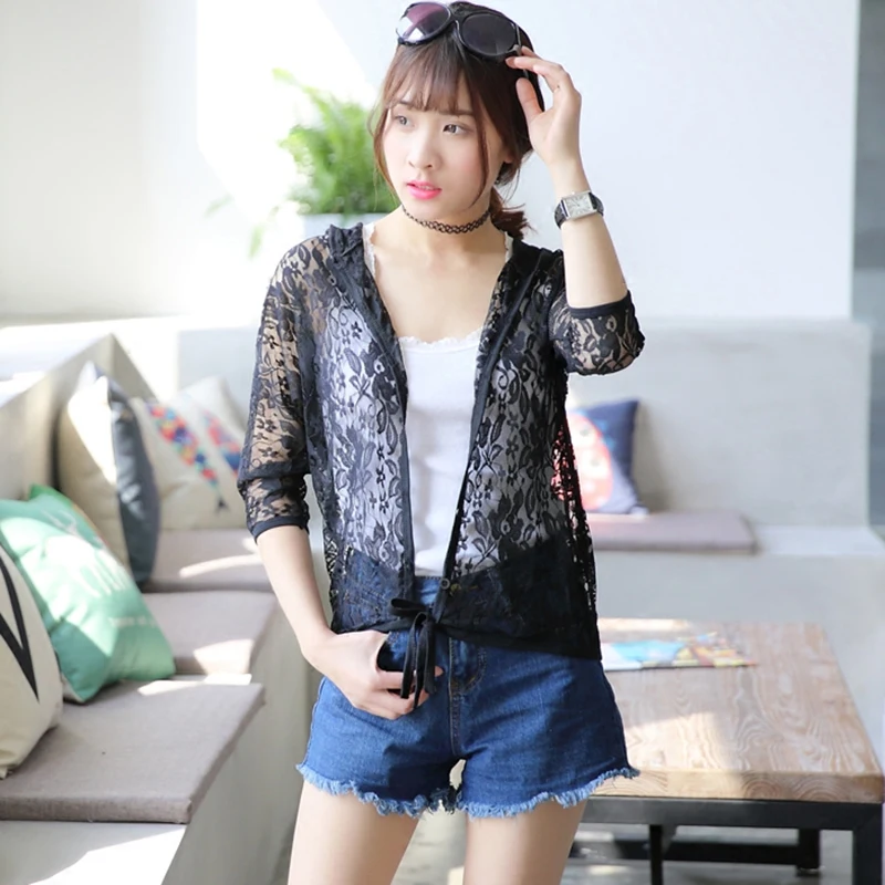 Chống Nắng Nữ Crop Tops Mùa Hè 2021 Mỏng Trong Suốt Ren Cardigan Sheer Có Mũ Áo Khoác Chống Nắng