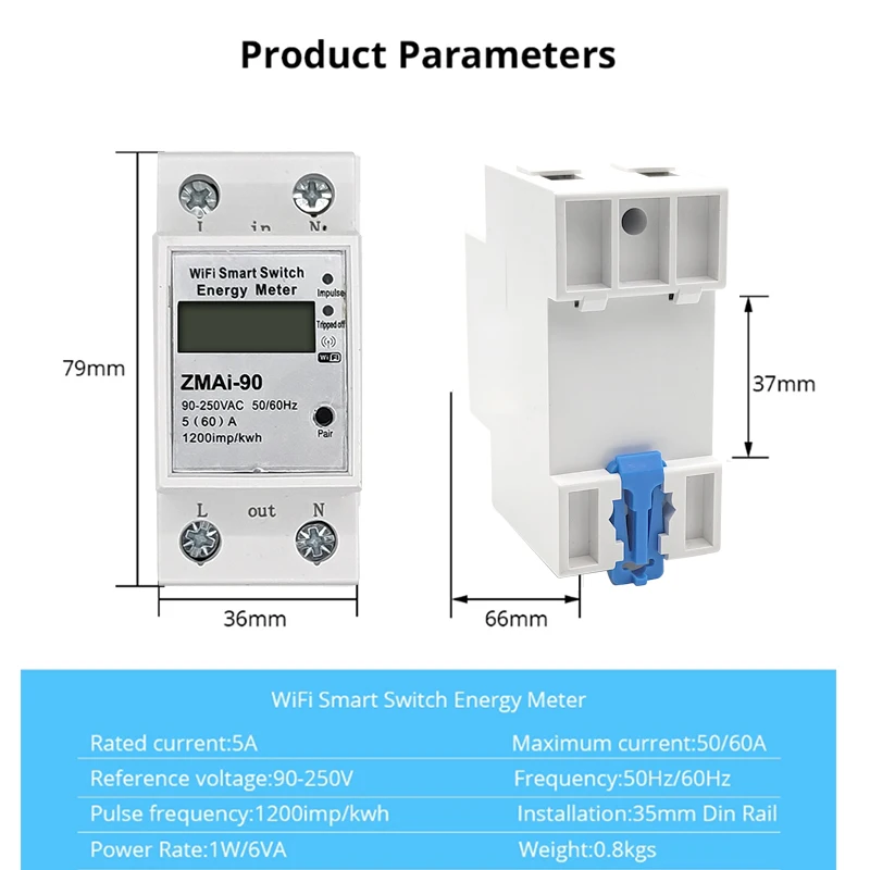 5(60)A wifi kwh meter consumo elettrico digitale kWh DIN Rail Smart Energy Meter misuratore di potenza WiFi con display