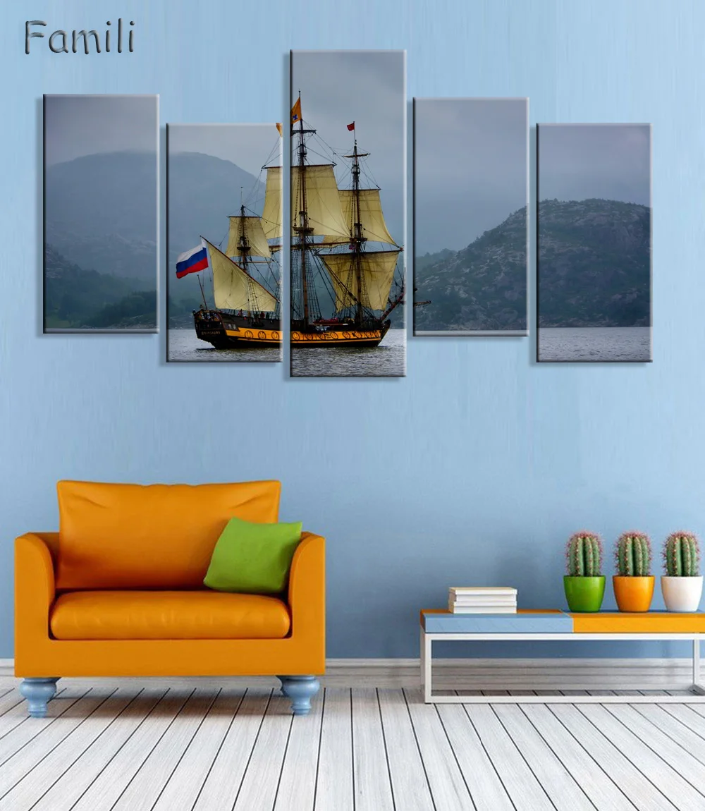 5Pieces/set Unframed Sailing Boat Canvas Painting Art Posters and Prints Landscape Wall Art Home Decor for Living Room Home Deco