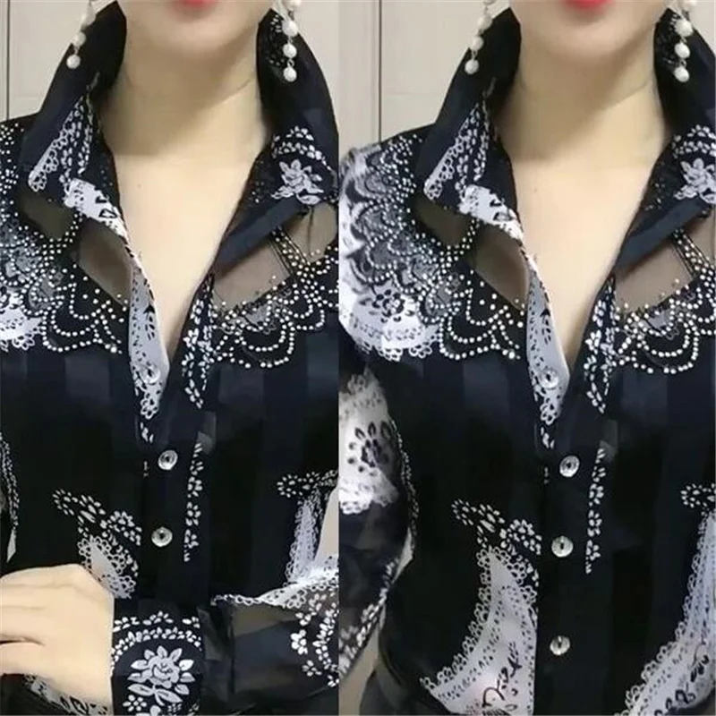 Lace Floral Shirts for Women Summer foreign style Tops Hot drill mesh lapel Feminine Bottoming Shirt trend 2021 Women\'s Blouses