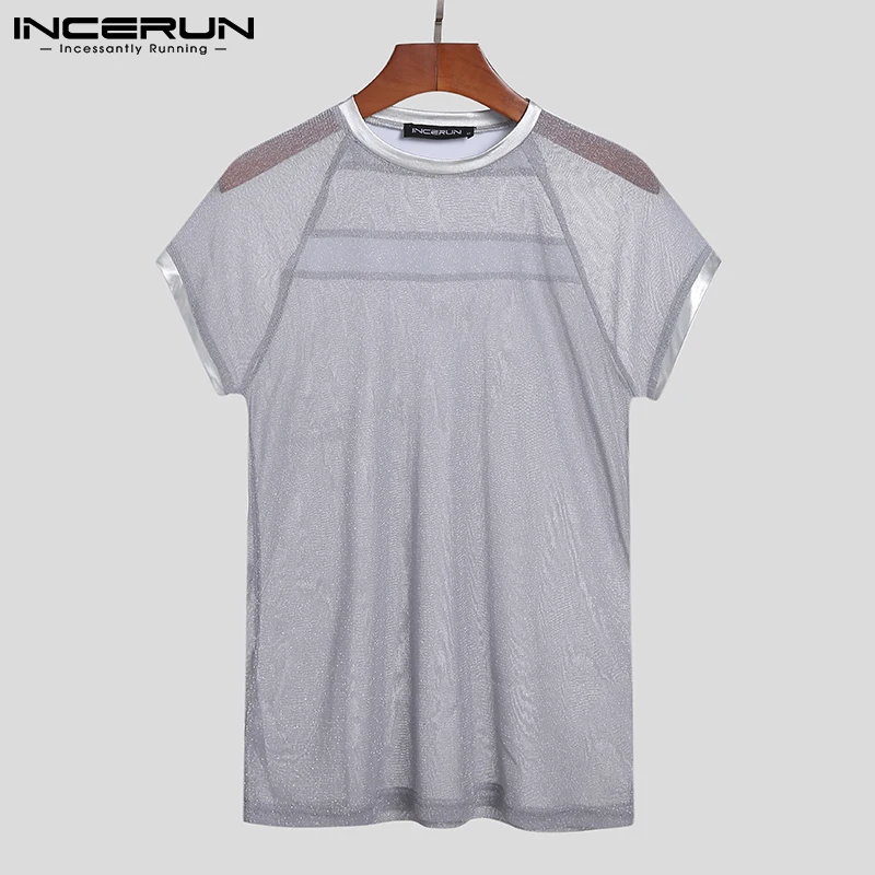 INCERUN Tops 2023 New Mens America Style Tees Sexy Shining Metal Mesh Perspective Casual Round Neck Short Sleeve T-Shirt S-5XL 7