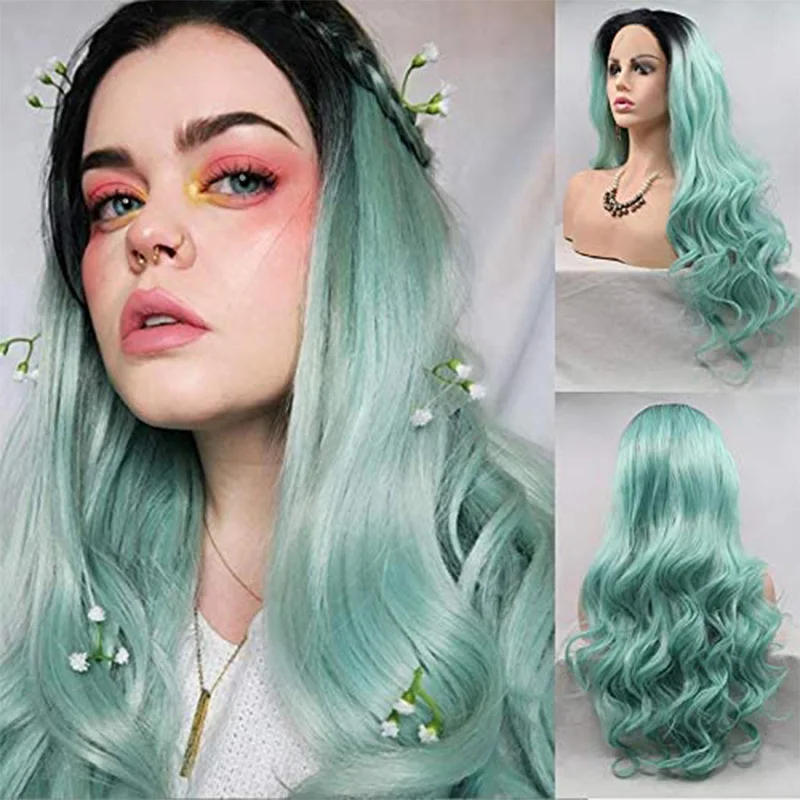 

Ombre Mint Green Synthetic Lace Front Wigs for Women Long Body Wave Lace Wig with Baby Hair Dark Roots Green Wig Cosplay Wig 24