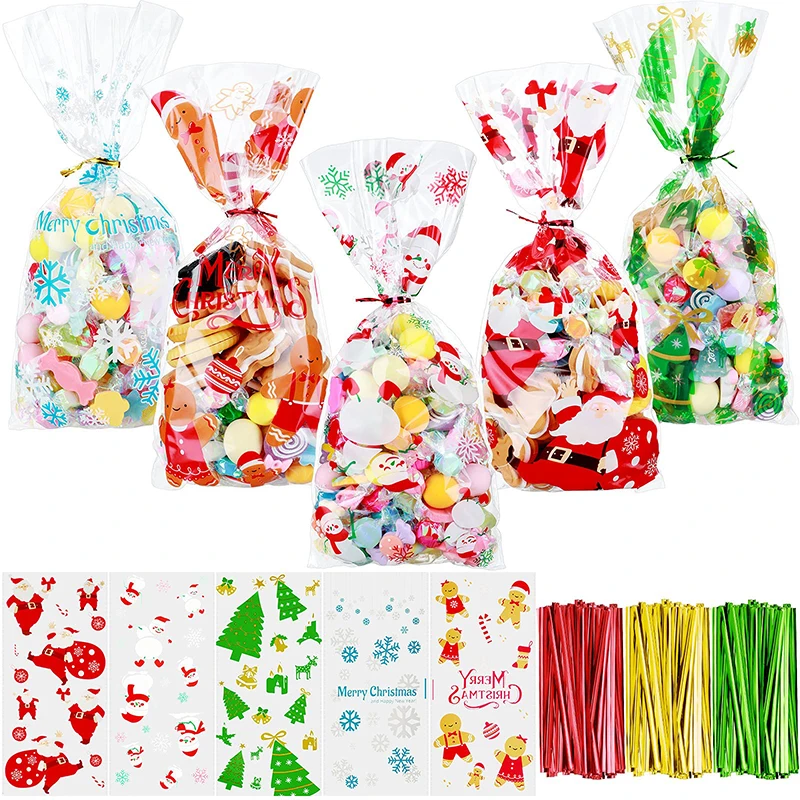 

Grhuct 100pcs/set Merry Christmas Packaging Bags PVC Transparent Candy Cookie Packaging Bags For Christmas Gifts Baking
