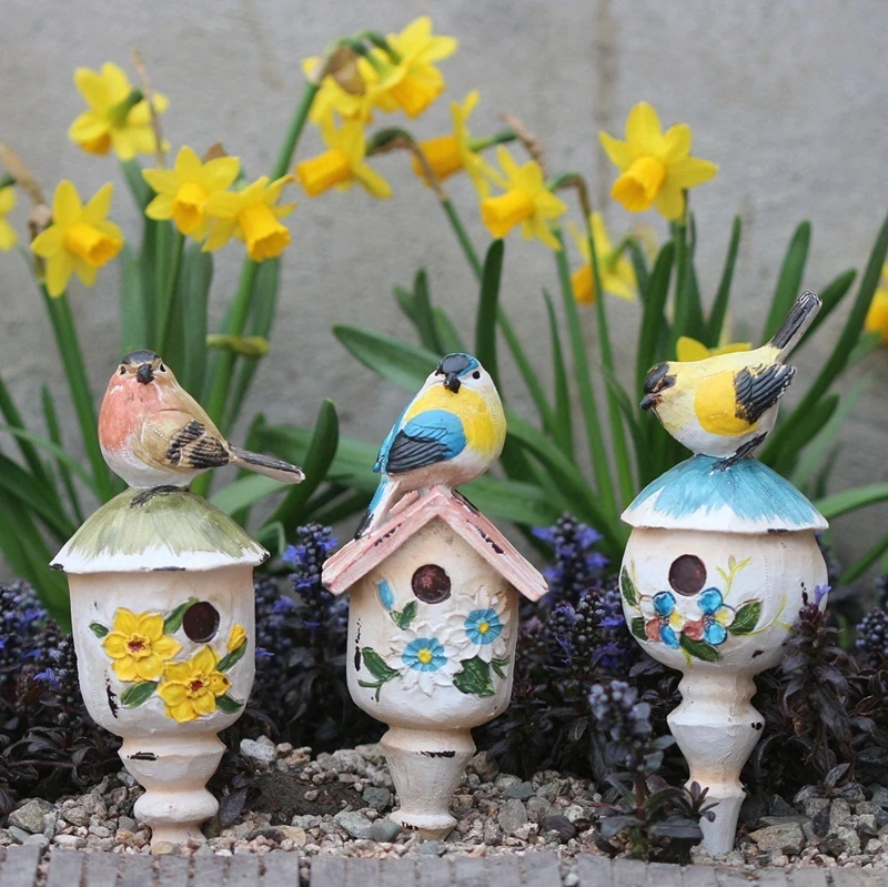 Pastoral Bird House Flower Plugs Resin Accessories Outdoor Balcony Park Ornaments Crafts Courtyard Garden Figurines Decoration