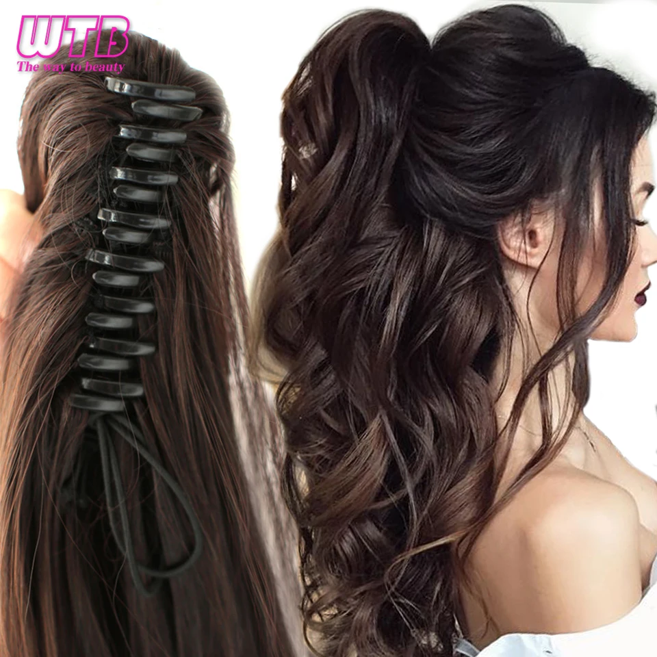 WTB Synthetic Long Wavy Claw on Hair Tail False Hair Ponytail Hairpiece Drawstring Wave Black Ponytail Extensions for Women