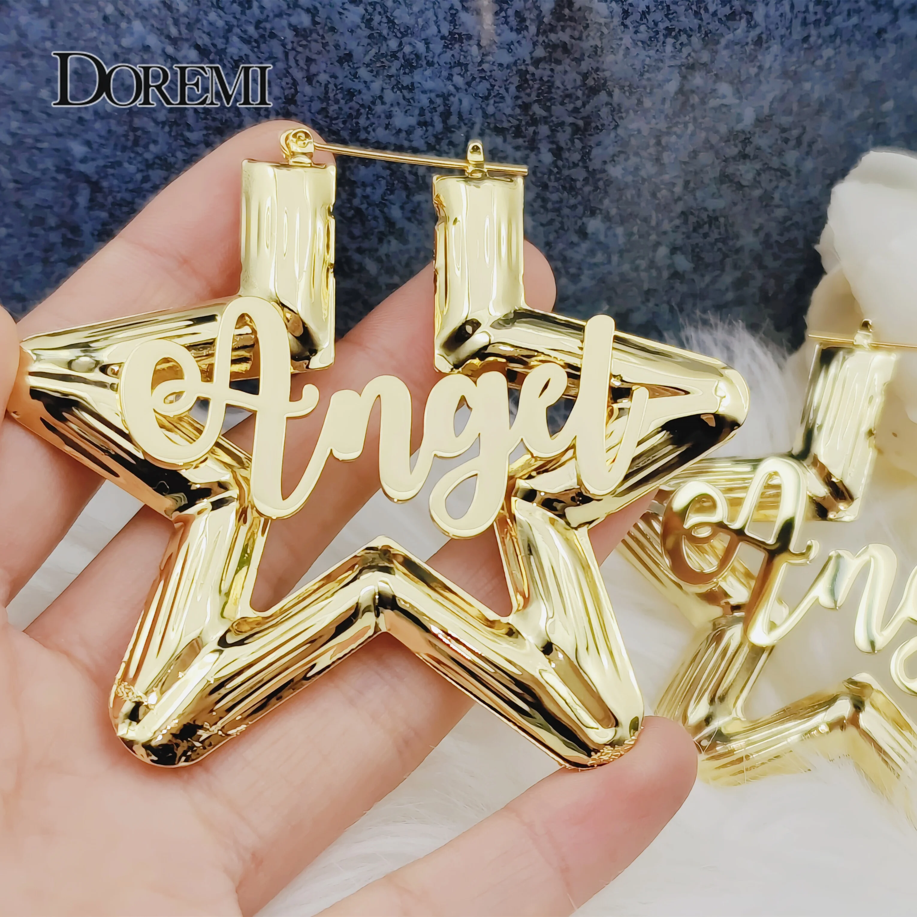 

DOREMI 55/80mm Custom Name Earrings Stainless Star Shape Earrings Personalized Bamboo Earrings Hip hop Earring for Women Gifts