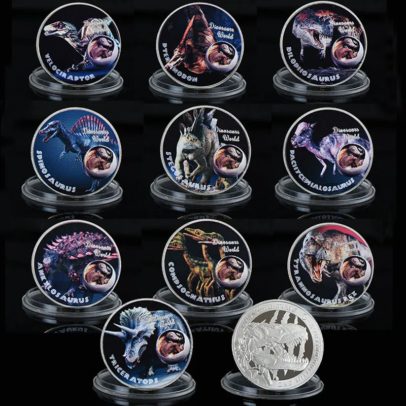 10pcs Dinosaur World Silver Coin Set Collectible 999.9 Silver Plated Metal Coins Art Ornament Festival Souvenir Gifts