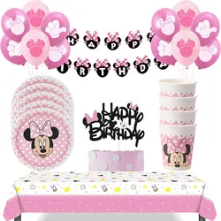 Disney-decoración de fiesta de cumpleaños para niños y niñas, vajilla con tema de Minnie Mouse, punto de onda rosa, decoración de fiesta de feliz cumpleaños