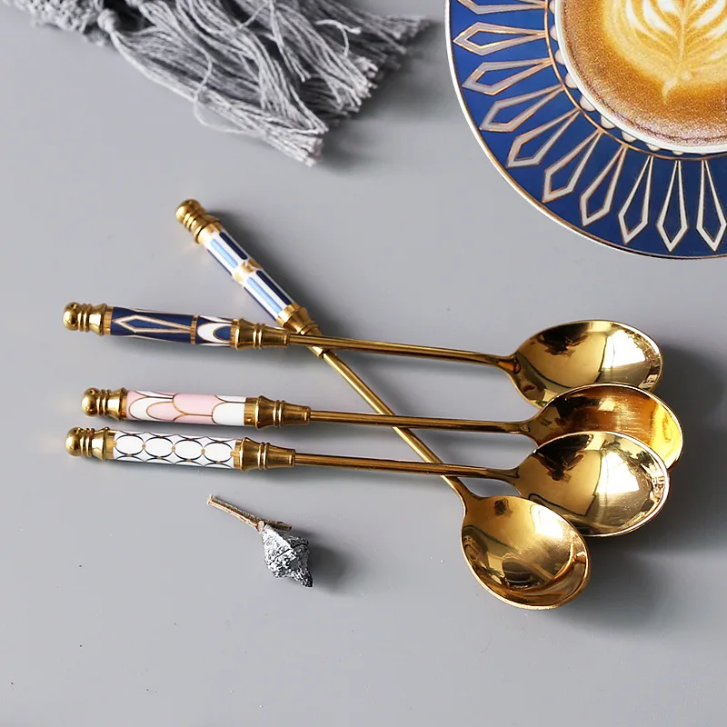 1Pc Chic Stainless Steel Spoon Ceramic Handle Ice Cream Fruit Coffee Stirring Spoons Teaspoon Dessert Cake Honey Spoon Tableware