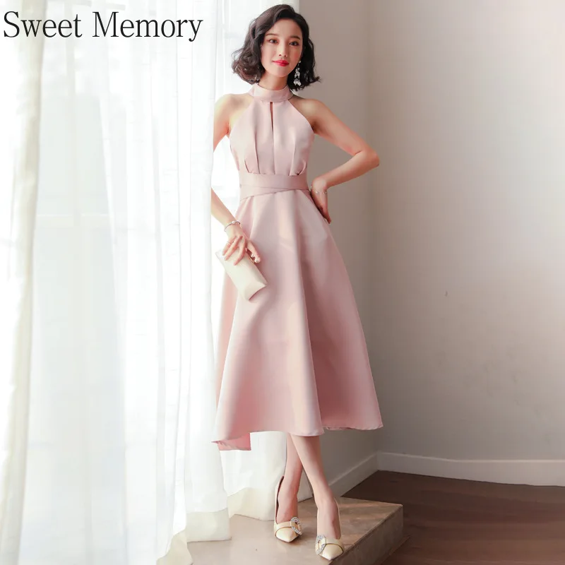 Black White Pink Champagne Halter Evening Dresses 2021 Elegant Women Wedding Party Dress Simple Vestido De Noche Sweet Memory