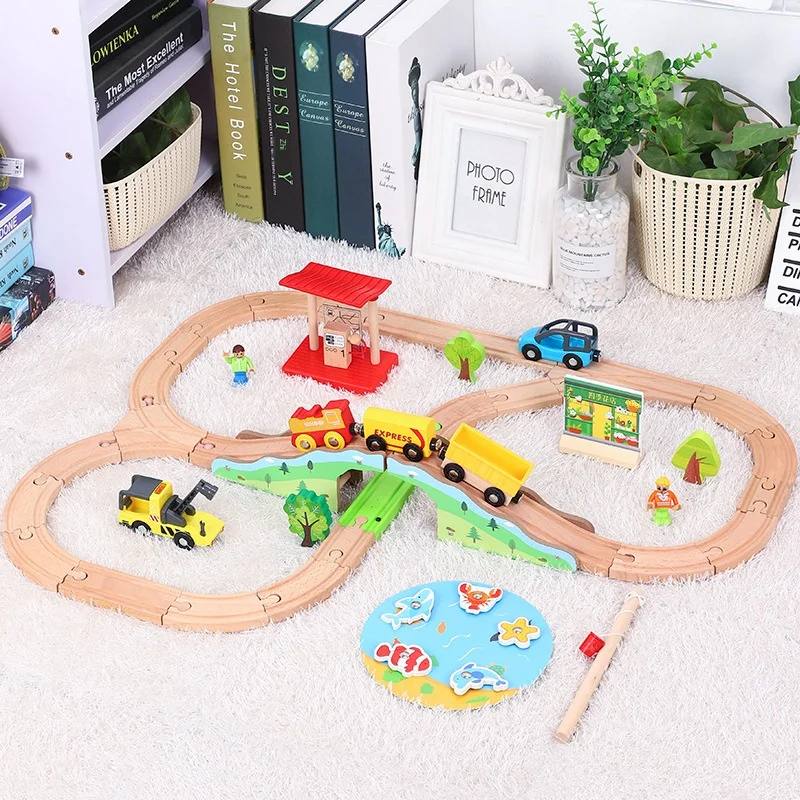 

Boys Train Track Set Children's Train Toy Transport Set Wooden Green Forest Bridge Compatible With Electric Vehicles Gift Pd22